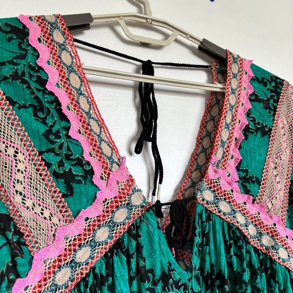 Free People Moon Child Maxi Top Size Small Green Bohemian Flowy Crochet Trim - Picture 8 of 13